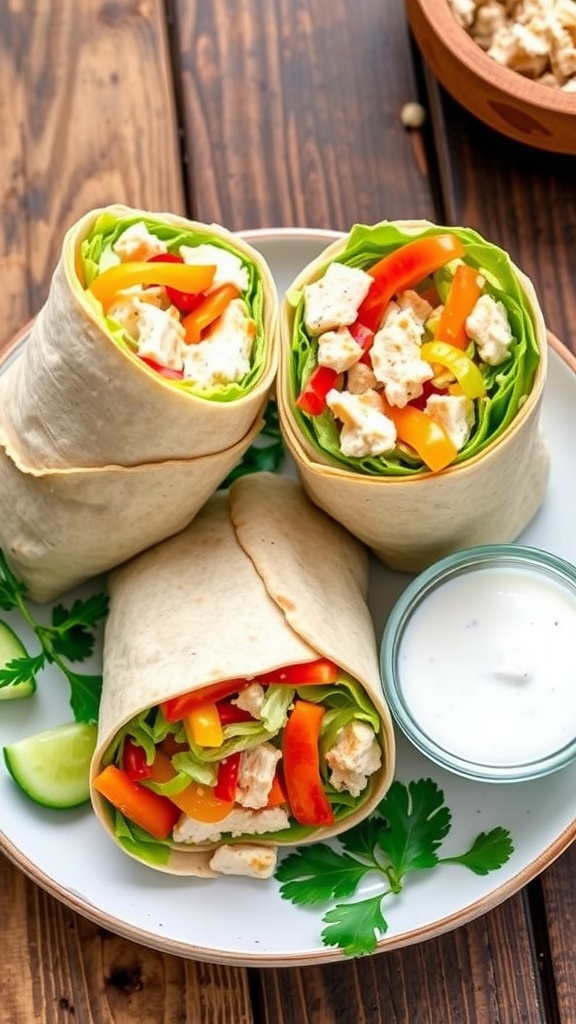 Two sliced chicken and veggie snack wraps on a plate with ranch dressing and fresh vegetables.